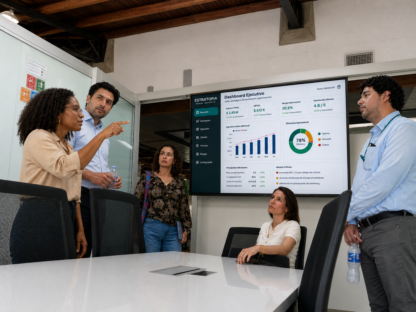Equipo de consultoría colaborando frente a tableros de datos
